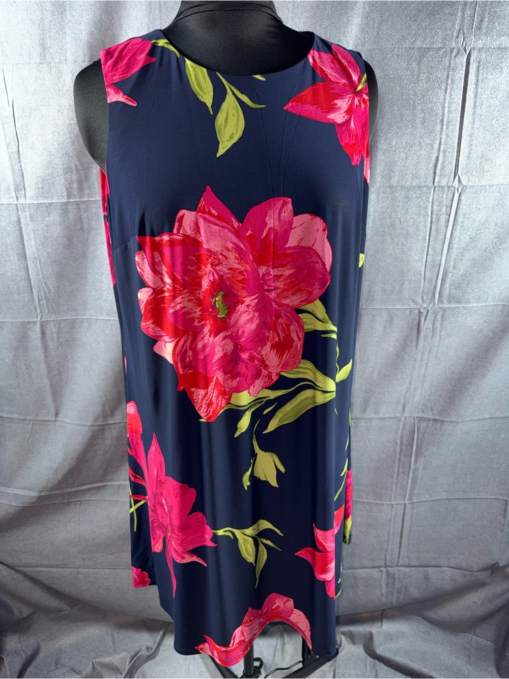 2671-Jones Studio Navy Dress with Bright Pink Floral Print